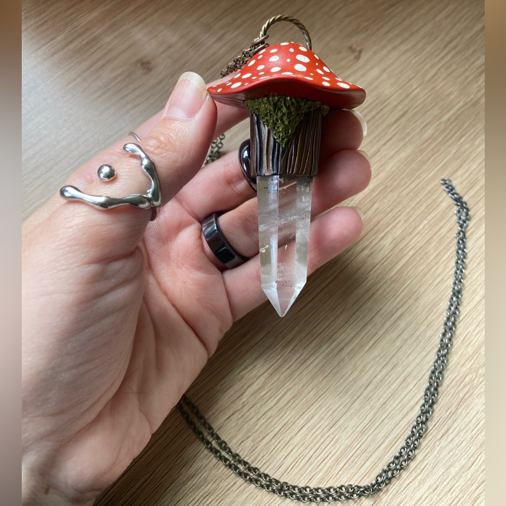 Mushroom & Moss Clear Quartz Point Necklace